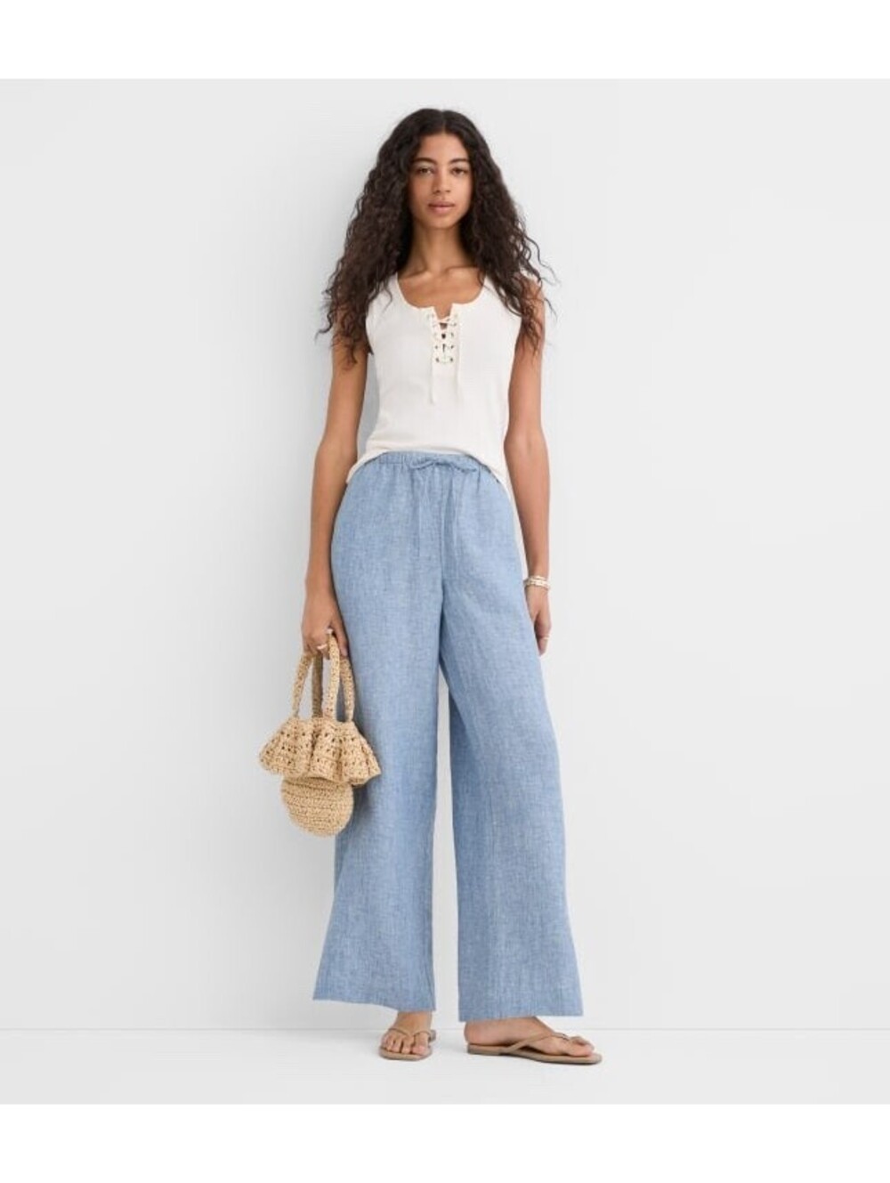 Loft NWT Women's Petite Sawyer Pull On Pants Linen Blue Sky Chambray Size LP
